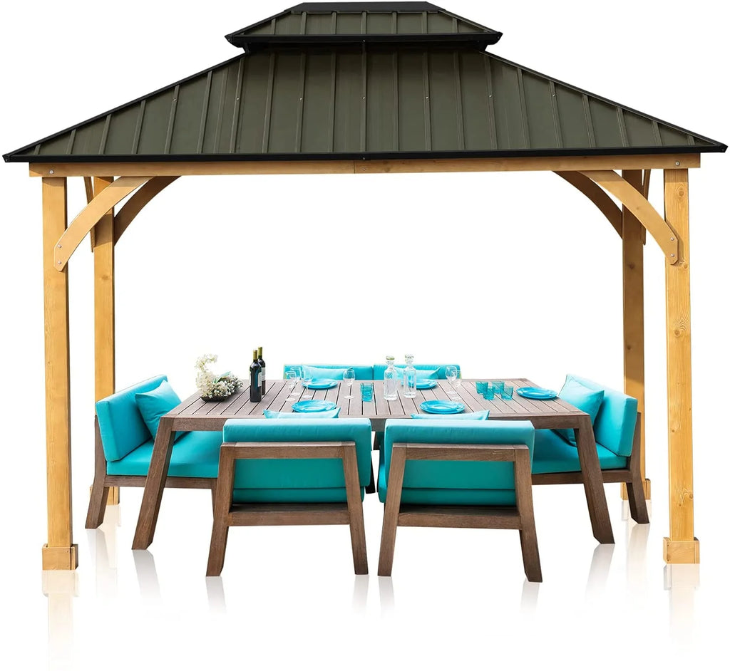 Green 10 x 12 ft. Solid Wooden Gazebo with Hardtop Roof G19112