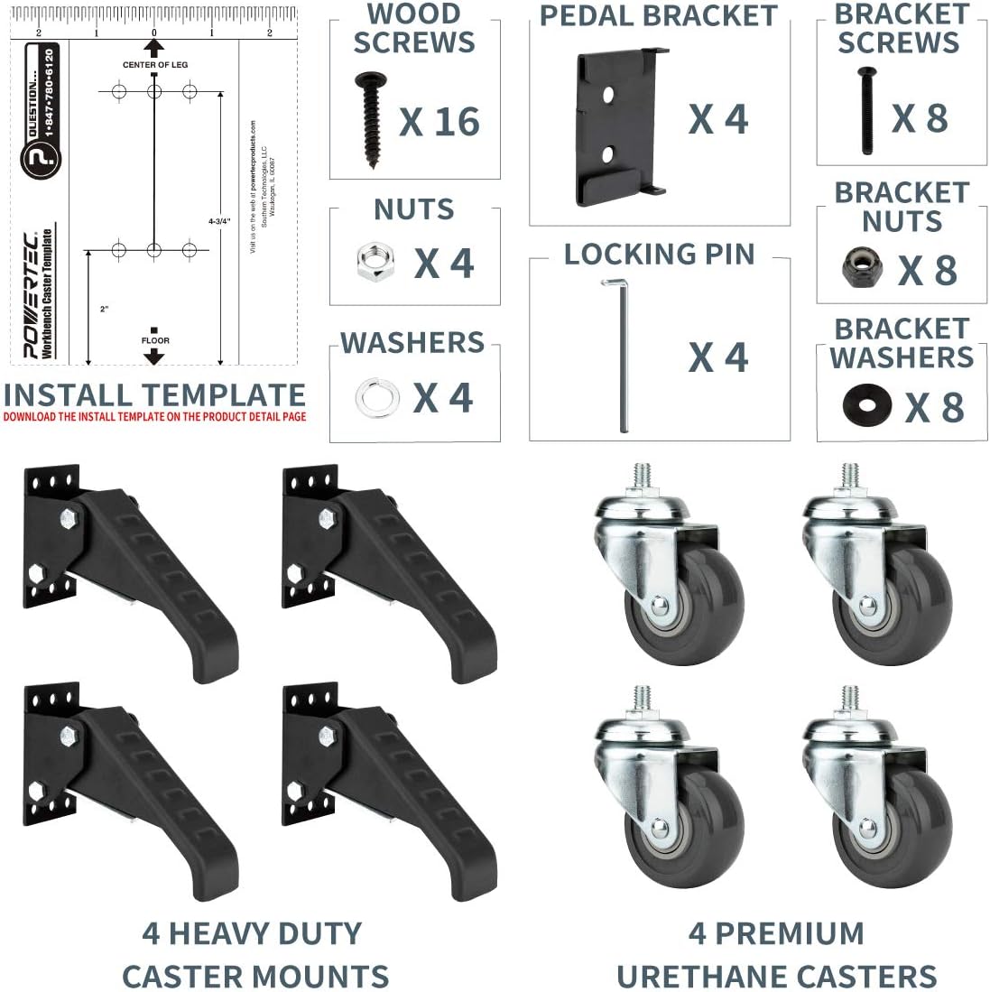 Black Workbench Casters with Quick-Release Plates, Pack of 2 O637