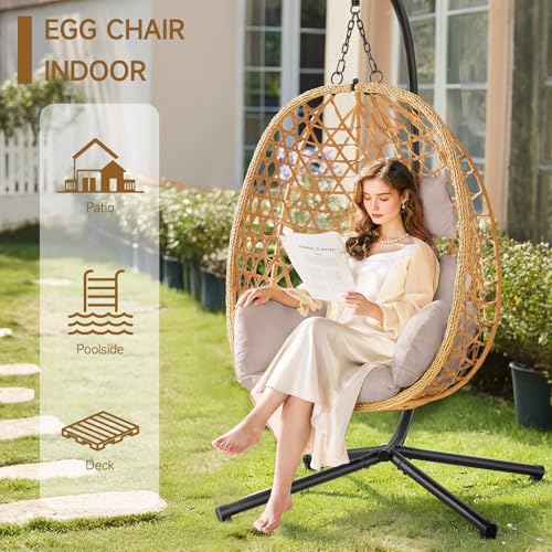 Beige Wicker Rattan Egg Chair with Stand U204583