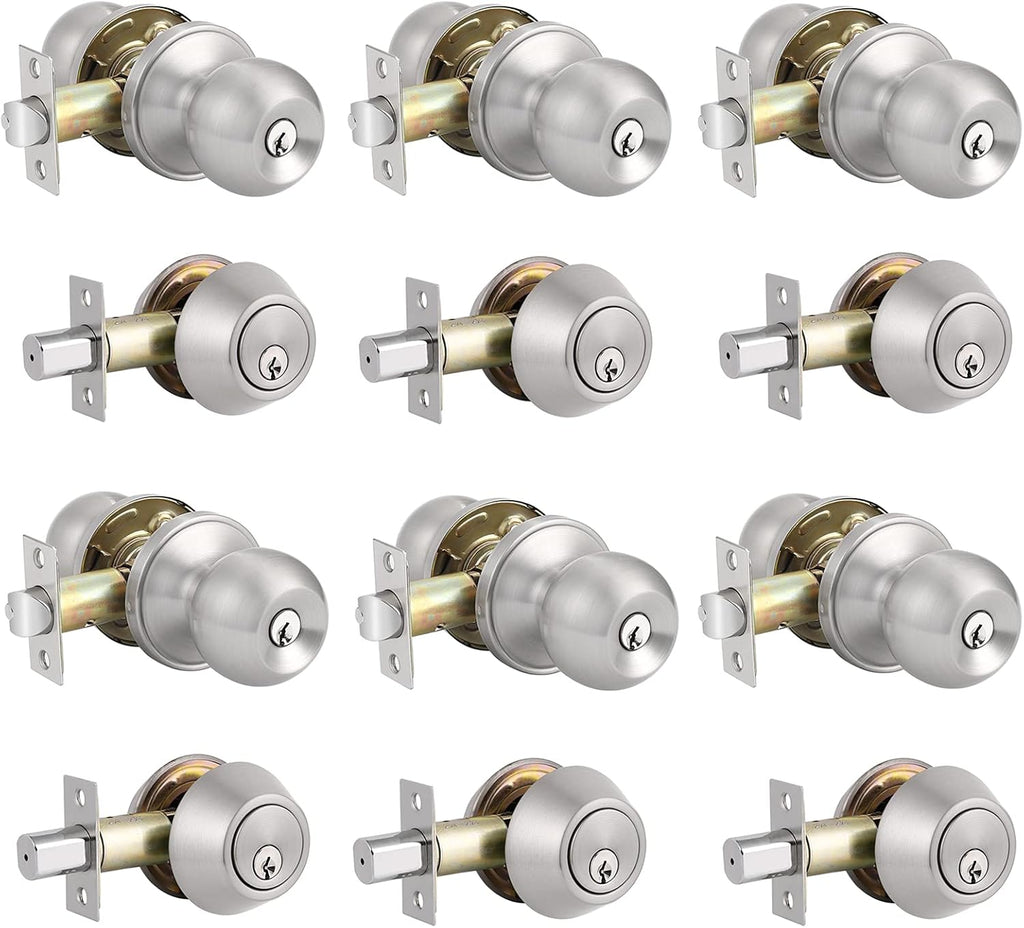 2 Pack Entry Door Knobs with Double Cylinder Deadbolt, Satin Nickel Finish W148614