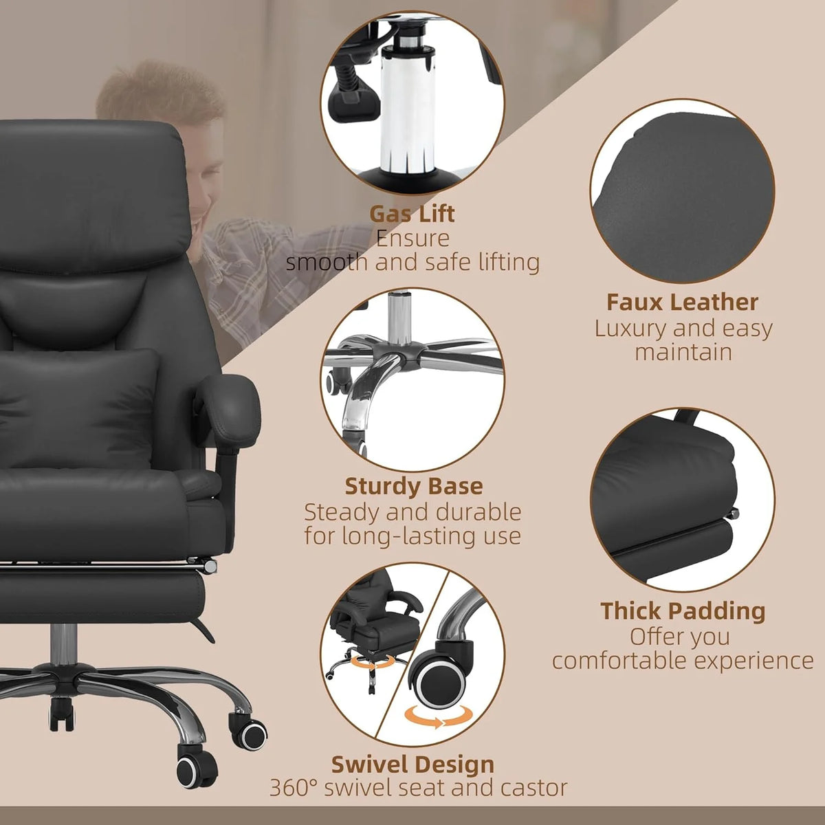 Black PU Leather Reclining Office Chair with Footrest Y86672