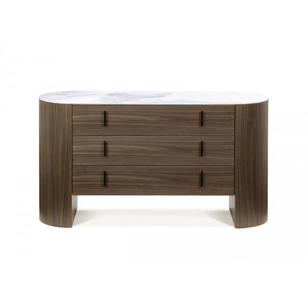Walnut Marble 55 in. Three Drawer Wood Dresser O172