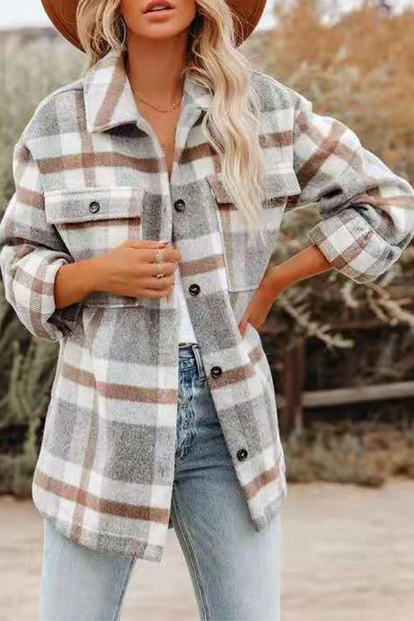 Plaid Pocket Buckle Turndown Collar Outerwear H80502