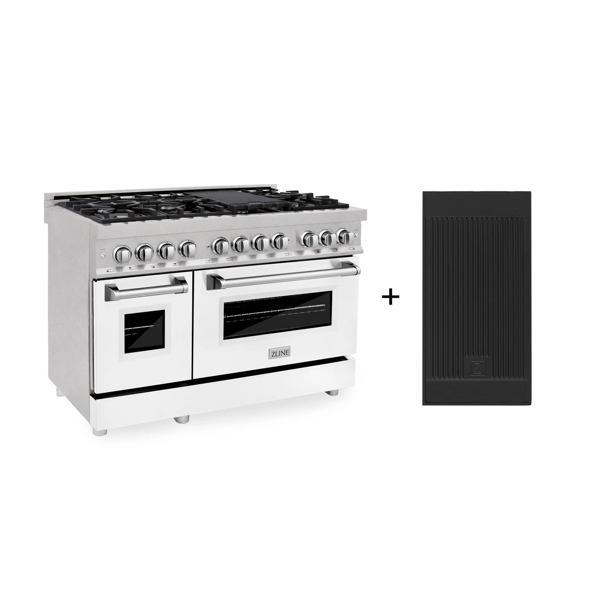 48 6.0 cu. ft. Gas Burner Electric Oven with Griddle and White Matte Door in Stainless Steel T21349