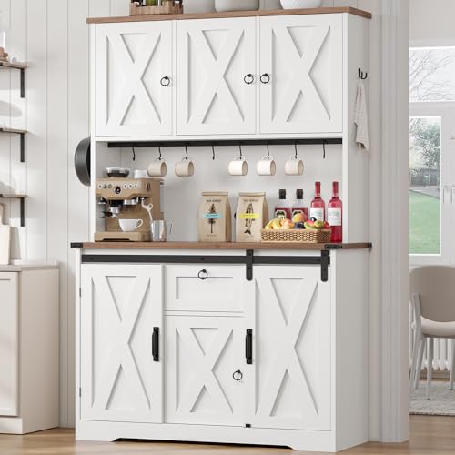 White Kitchen Pantry Cabinet with Drawer and Sliding Barn Doors I4220